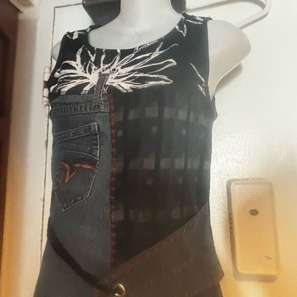 Demoiselle Lou y2k color block Jean patch logo floral dress rare multimedia - Picture 1 of 8